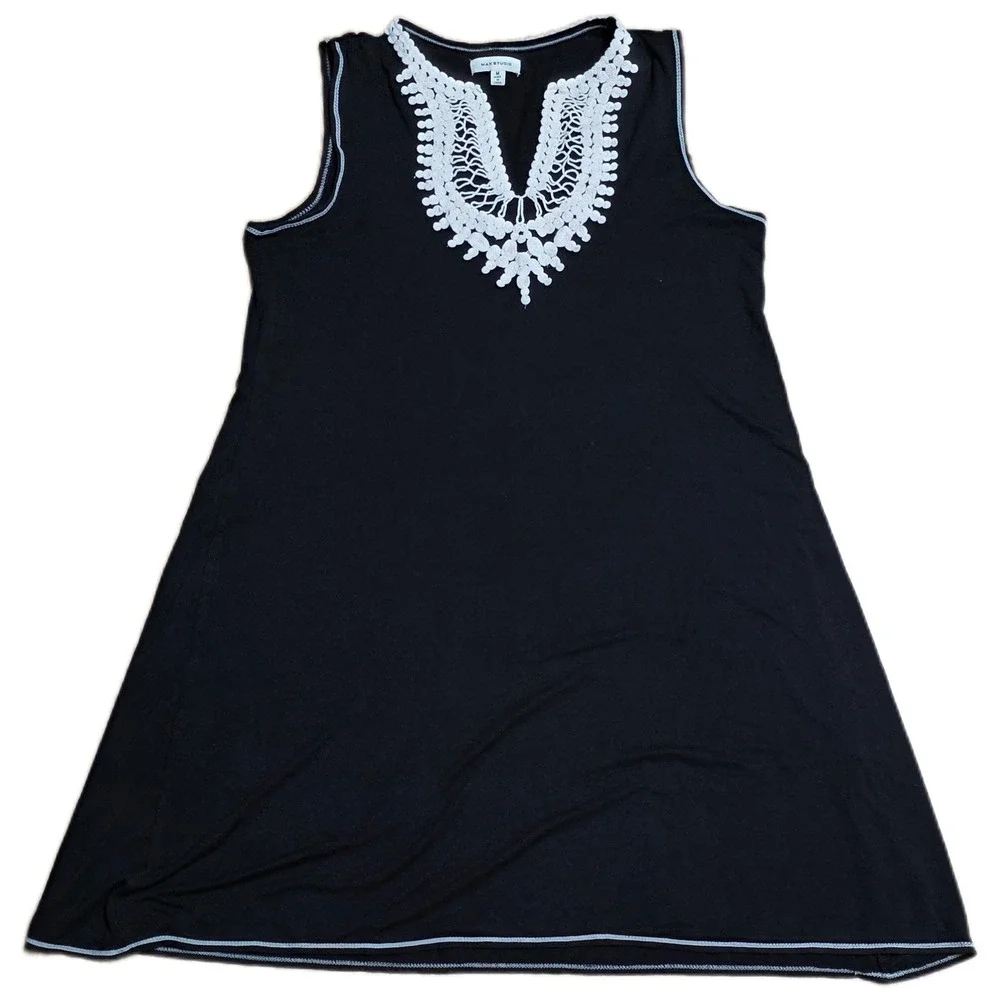 Max Studio Sleeveless Dress Size M‎ Black V Neck Crochet Trim